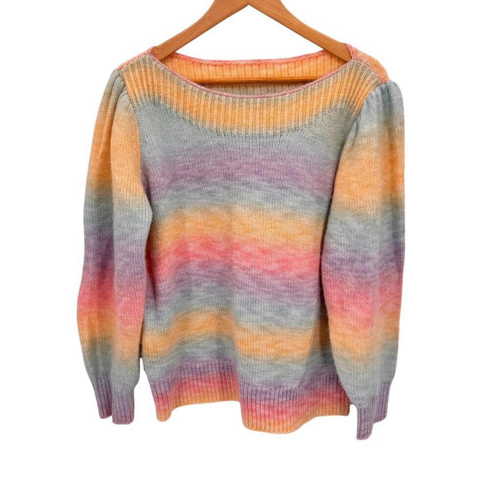 Design365 Boat Neck Sweater Womens XL Rainbow Knit Wool‎ Blend Puff sleeve